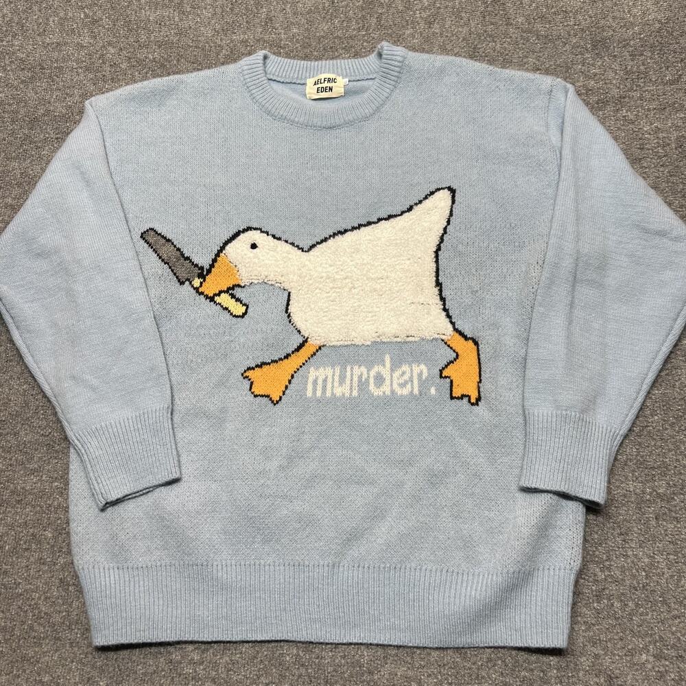 Aelfric Eden Sweater Mens XL Blue Crewneck Murder Goose Graphic Knit Pullover